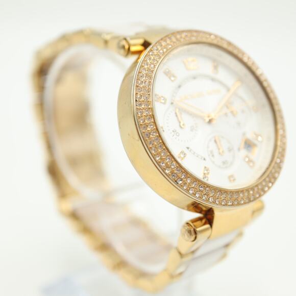 Michael Kors Womens White Gold Tone Chronograph Watch 39mm with New Battery - Picture 10 of 16